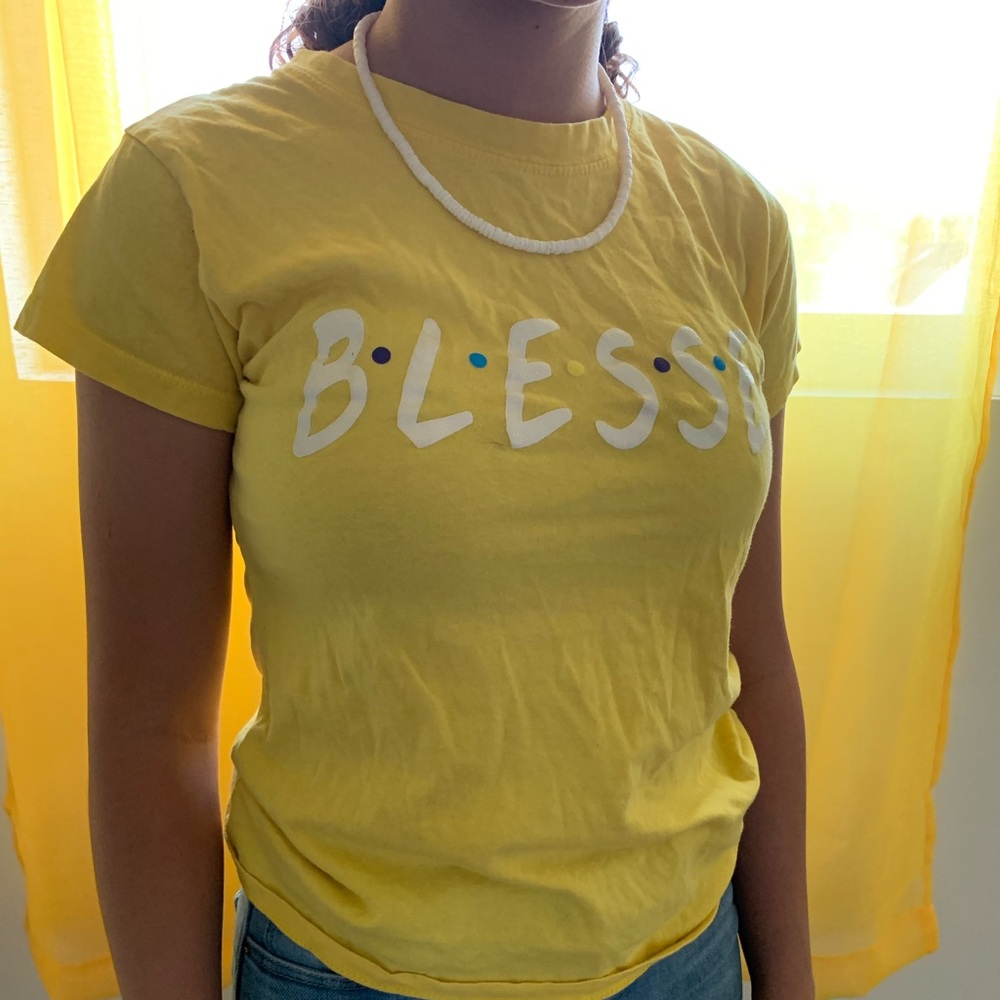 yellow “blessed” graphic tee